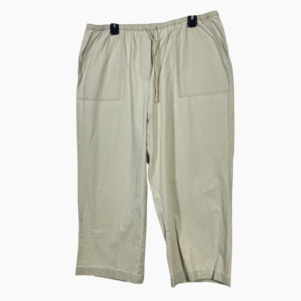 LLBean Womens Khaki Cotton Drawstring Waist Wide Leg Cropped Pants Size 18